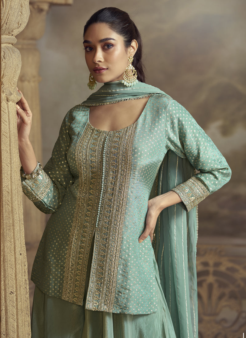 Vegaa Fashion Sky Blue Viscose Simar Butti Embroidered Palazzo Suit | Grocsy