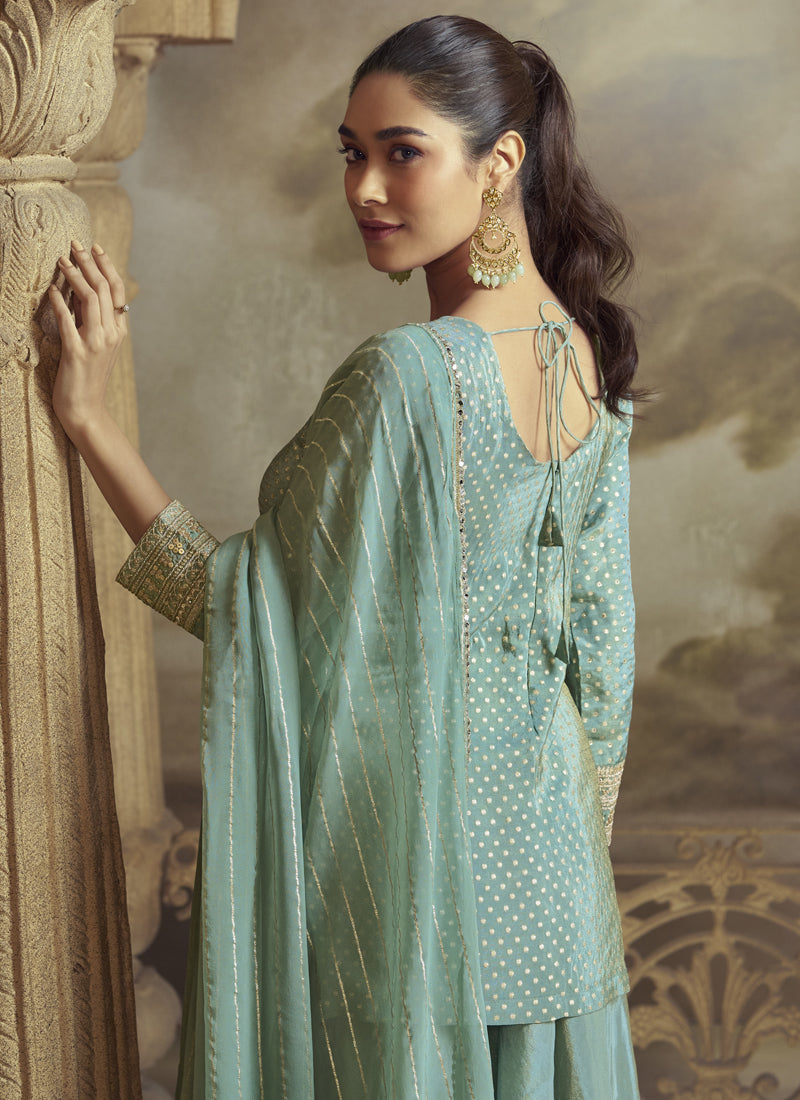 Vegaa Fashion Sky Blue Viscose Simar Butti Embroidered Palazzo Suit | Grocsy