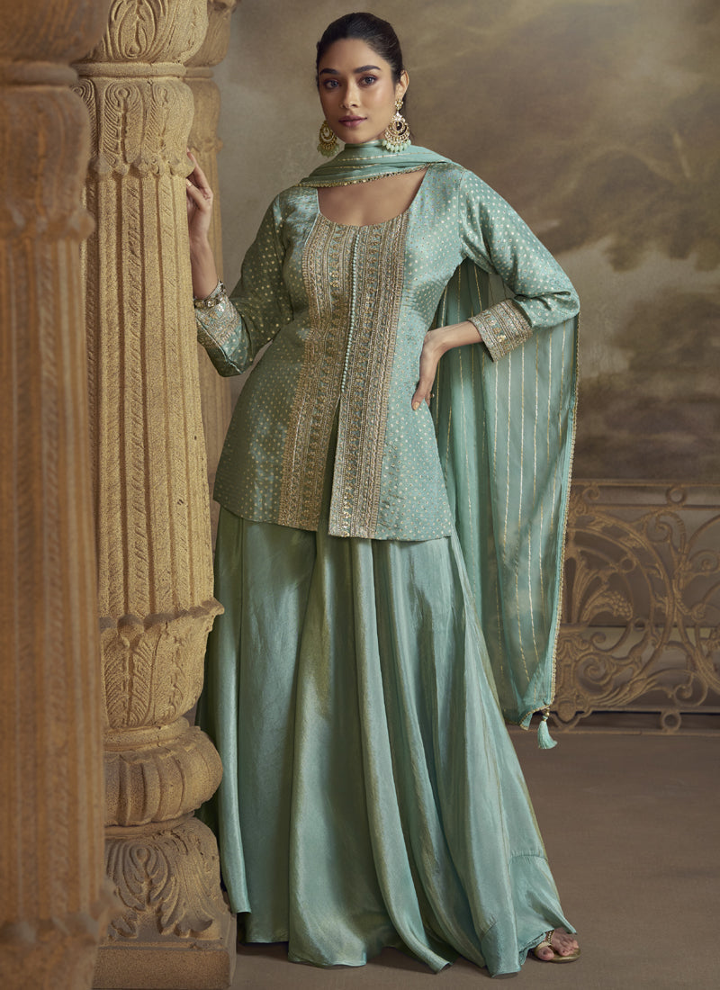Vegaa Fashion Sky Blue Viscose Simar Butti Embroidered Palazzo Suit | Grocsy