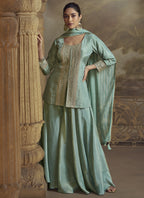 Vegaa Fashion Sky Blue Viscose Simar Butti Embroidered Palazzo Suit | Grocsy