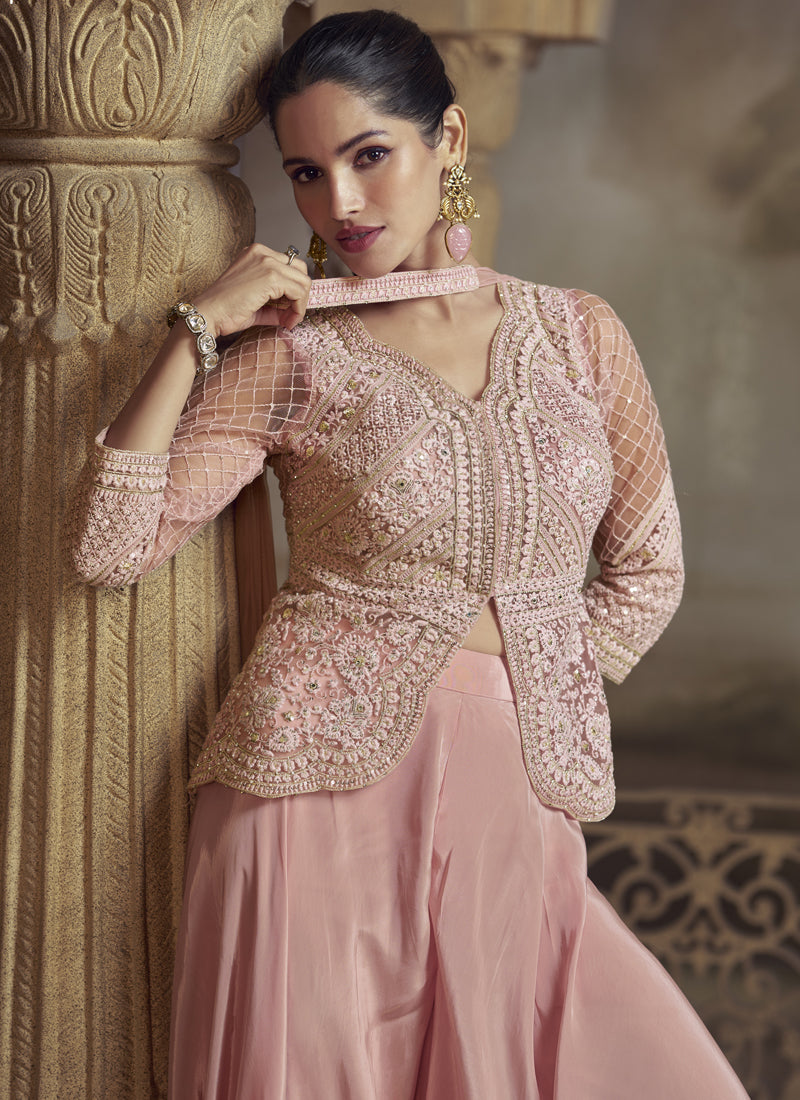 Vegaa Fashion Peach Net Embroidered Designer Palazzo Suit | Grocsy