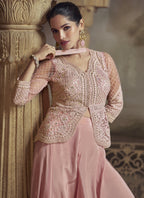 Vegaa Fashion Peach Net Embroidered Designer Palazzo Suit | Grocsy