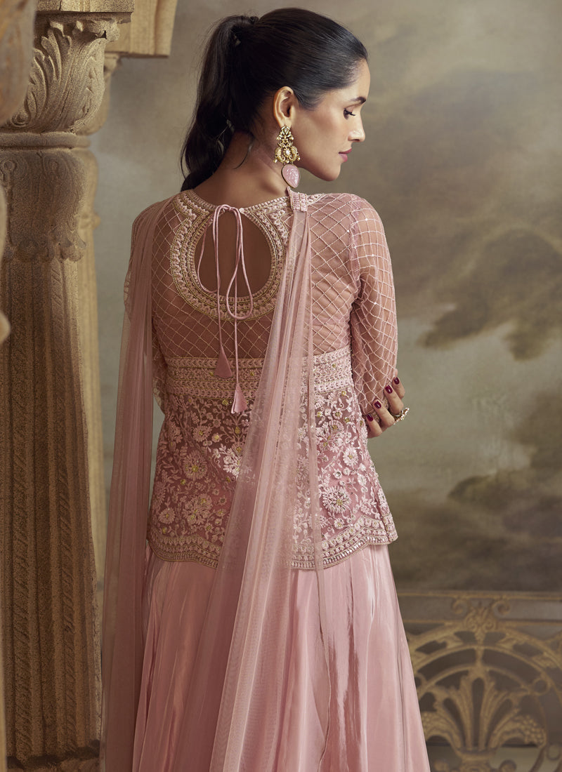 Vegaa Fashion Peach Net Embroidered Designer Palazzo Suit | Grocsy