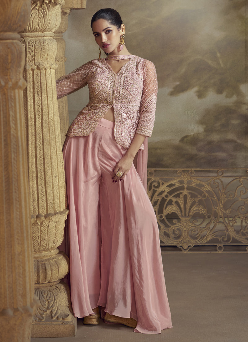 Vegaa Fashion Peach Net Embroidered Designer Palazzo Suit | Grocsy