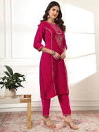 Yufta Velvet Pink Kurta Dupatta Set With Embroidery | Grocsy