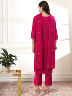 Yufta Velvet Pink Kurta Dupatta Set With Embroidery | Grocsy