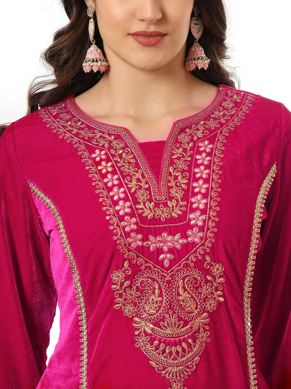 Yufta Velvet Pink Kurta Dupatta Set With Embroidery | Grocsy