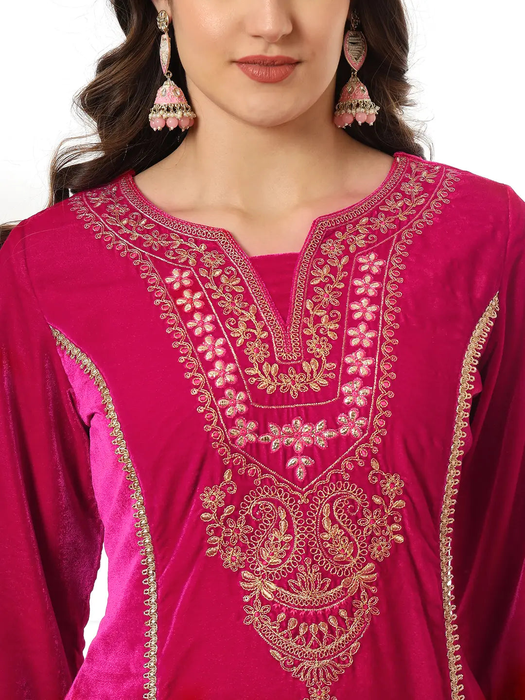 Yufta Velvet Pink Kurta Dupatta Set With Embroidery | Grocsy