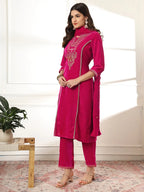 Yufta Velvet Pink Kurta Dupatta Set With Embroidery | Grocsy