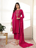 Yufta Velvet Pink Kurta Dupatta Set With Embroidery | Grocsy