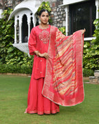 Vaasva Women's Silk Red Emboidered Solid Kurta, Sharara & Dupatta Set | Grocsy