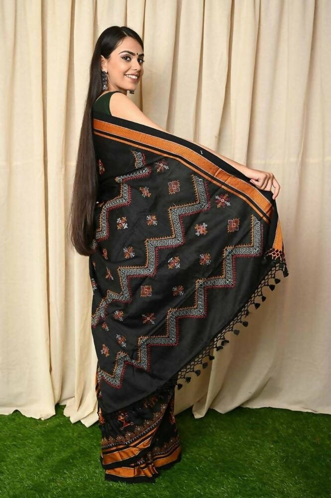 Very Much Indian Khun Saree Cotton Resham Handwoven Chrome Yellow & Black | Grocsy