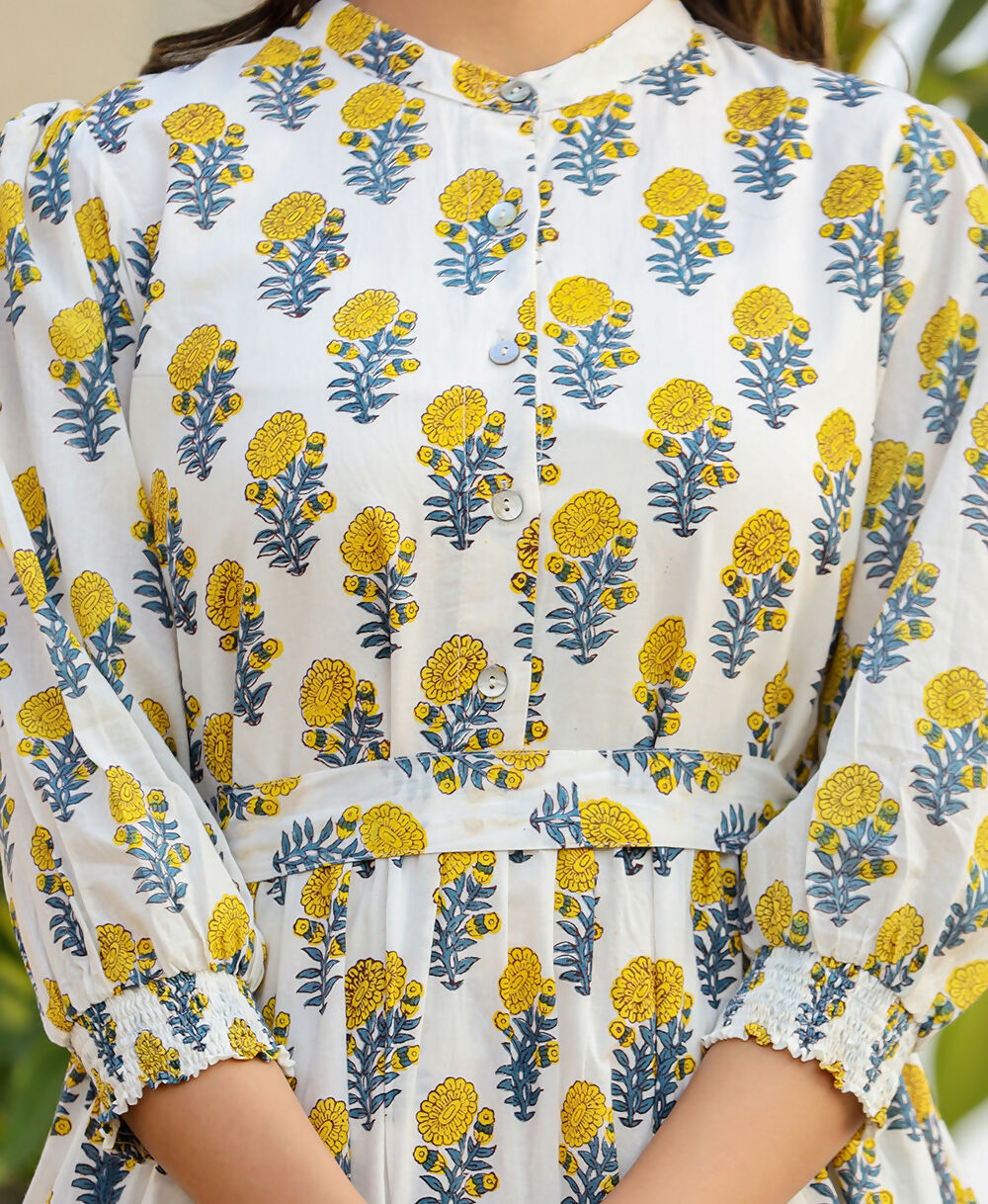 Kaajh Women's White-Yellow Ethnic Floral Hand Block Print Cotton Dress | Grocsy