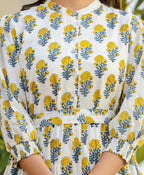 Kaajh Women's White-Yellow Ethnic Floral Hand Block Print Cotton Dress | Grocsy
