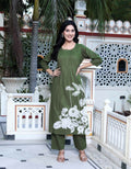Miravan Women's Mehandi Pintucks Cotton Floral Straight Kurta and Palazzo | Grocsy