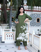 Miravan Women's Mehandi Pintucks Cotton Floral Straight Kurta and Palazzo | Grocsy