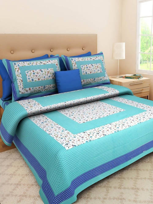 Vamika Printed Cotton Latest Sea Green Bedsheet With Pillow Covers (LEOC_BIND_SG) | Grocsy