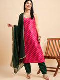 Magenta Pink and Green Polyester Printed Kurta with Trousers & Dupatta - Vishwa | Grocsy