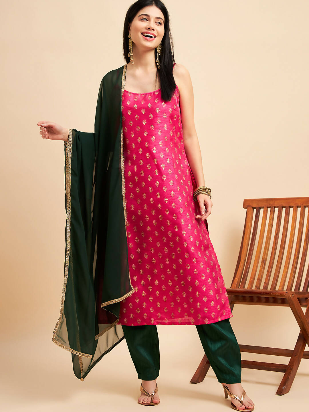 Magenta Pink and Green Polyester Printed Kurta with Trousers & Dupatta - Vishwa | Grocsy