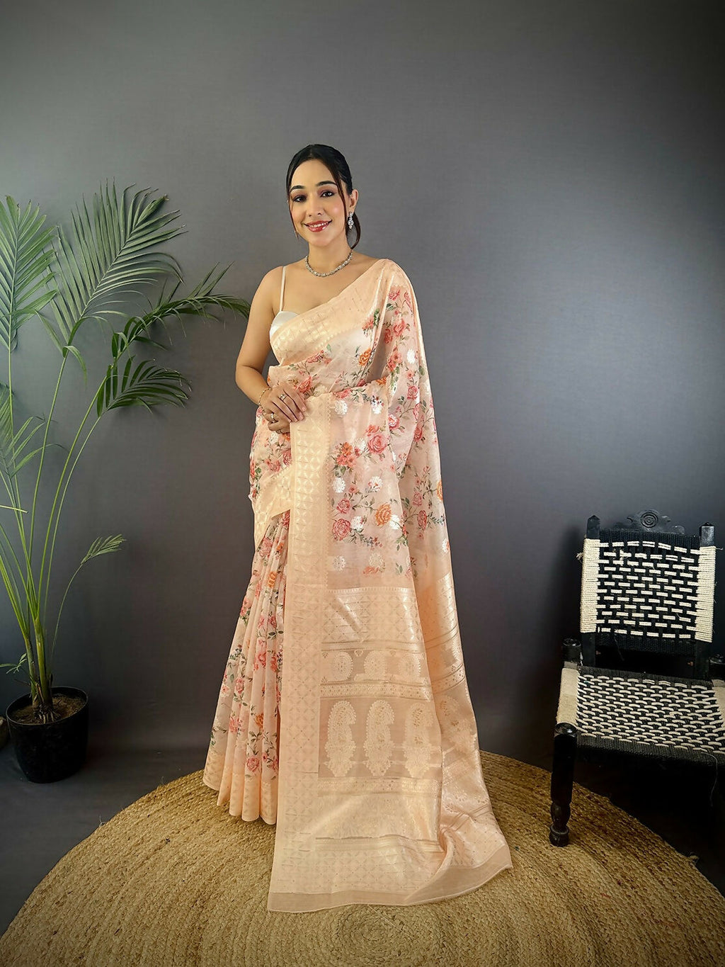 Joban Fashion Beige Floral Motifs Banarasi Silk Sarees | Grocsy