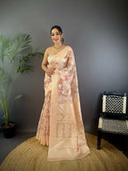 Joban Fashion Beige Floral Motifs Banarasi Silk Sarees | Grocsy