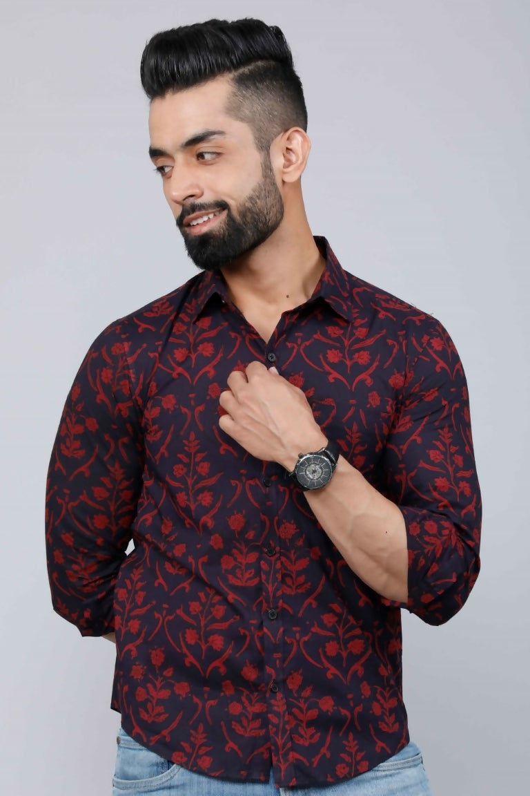 Miravan Men's Maroon Floral Printed Casual Full Sleeves Cotton Shirt | Grocsy