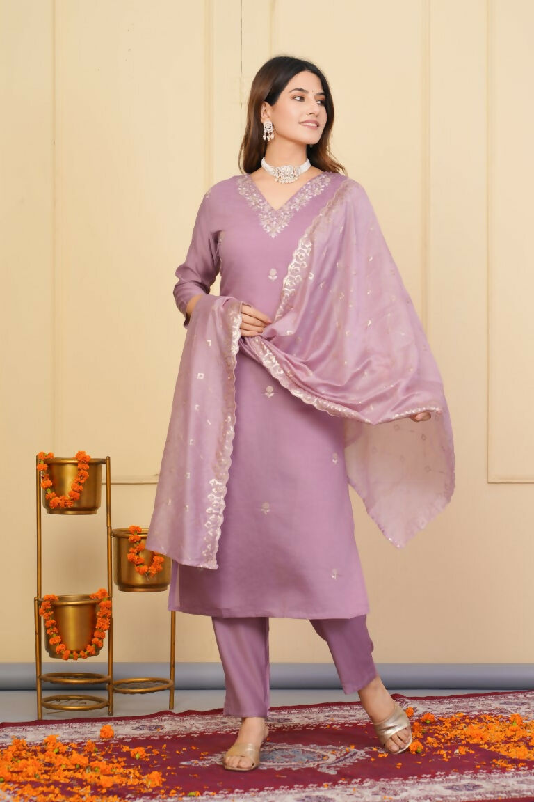 Wine Viscose Chanderi Embroidered Stitched Suit With Dupatta - Tanisha | Grocsy
