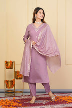 Wine Viscose Chanderi Embroidered Stitched Suit With Dupatta - Tanisha | Grocsy