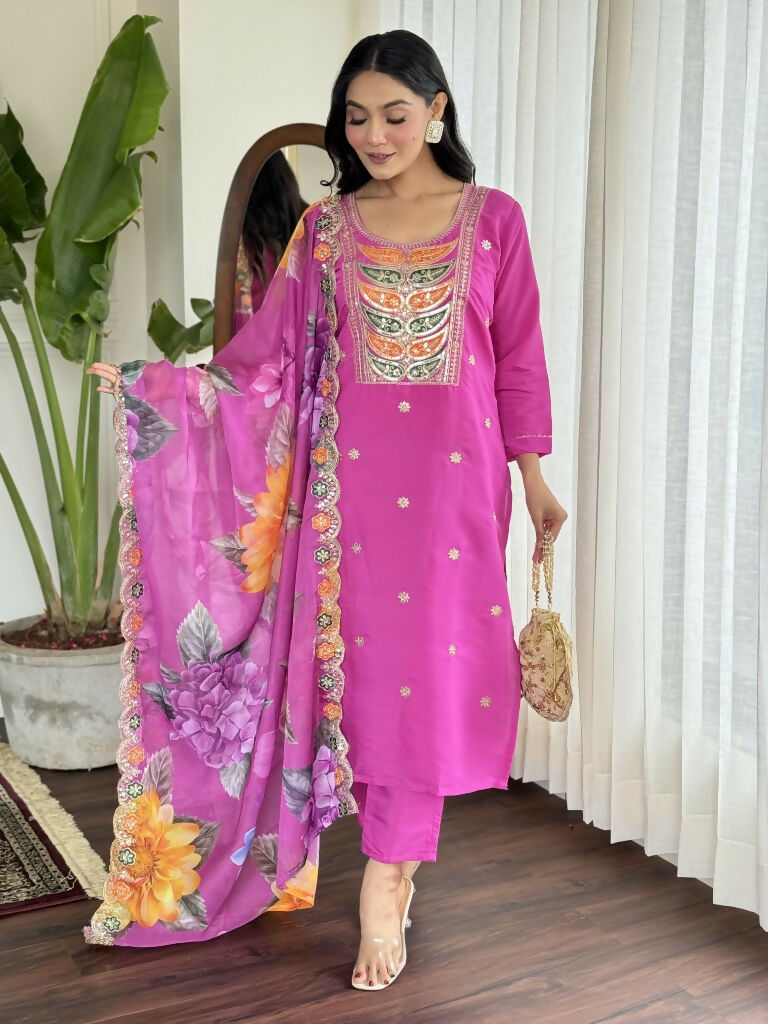 Light purple Viscose Chanderi Stitched Suit With Dupatta - Tanisha | Grocsy