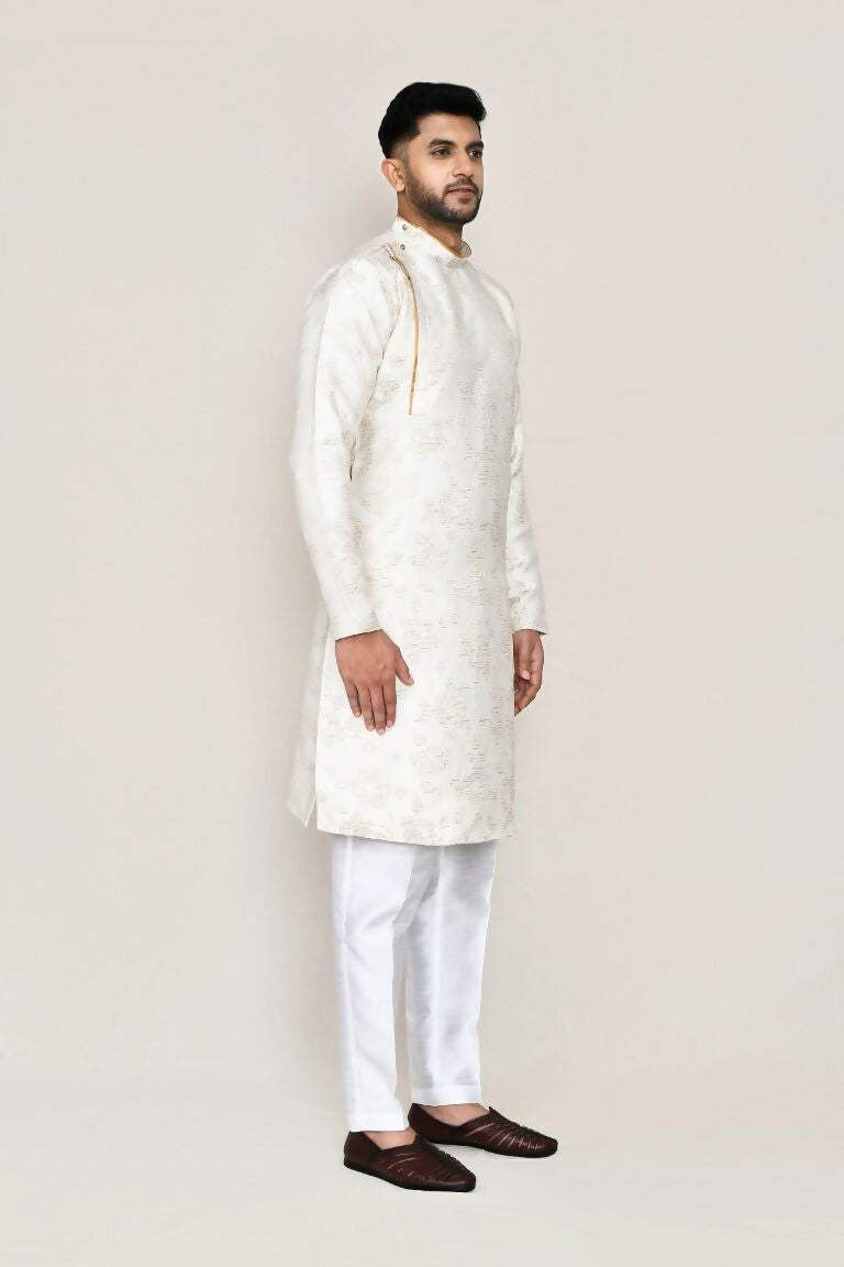 Joban Fashion Cream Colored Jacquard Silk Fabric Kurta With Straight Fit Pant | Grocsy