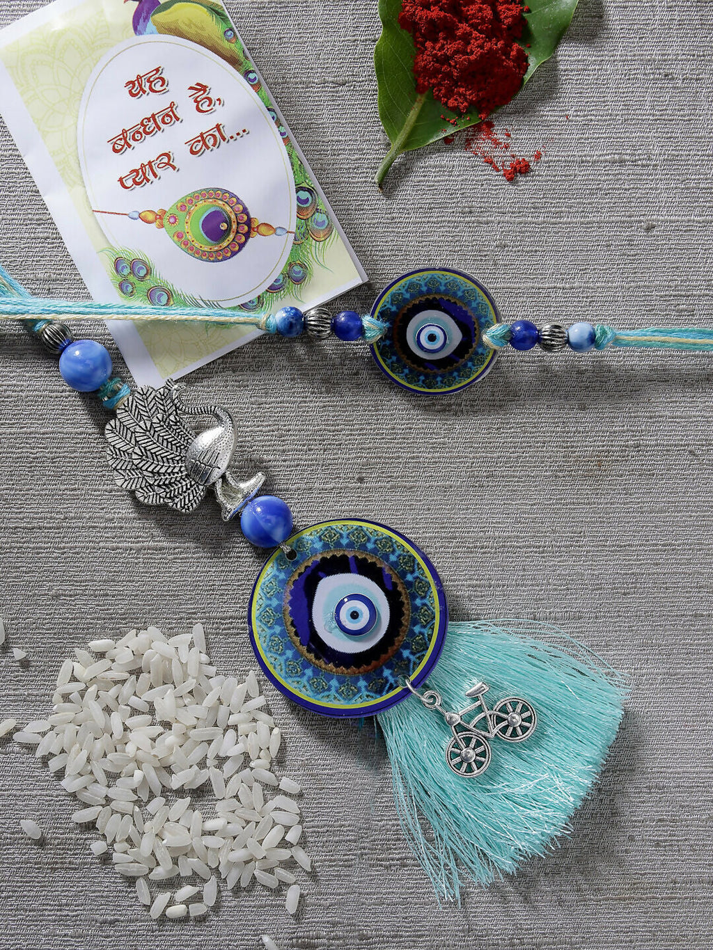 NVR Women & Men Set of 2 Blue Evil Eye & Beaded Bhaiya Bhabi Rakhi With Roli Chawal & Chocolate | Grocsy