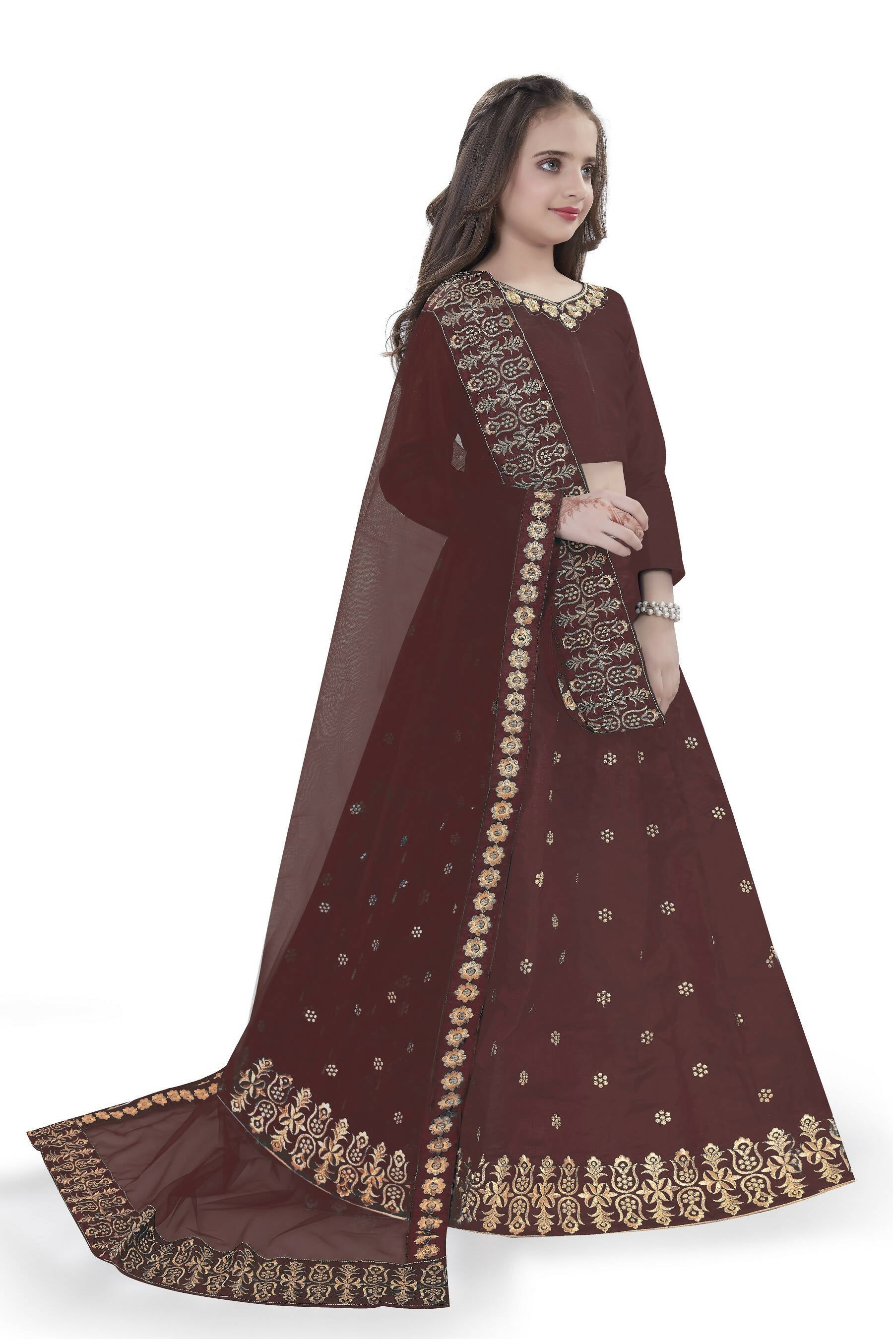 Dwiden Maroon Queen Tafetta Sattin Semi-Stitched Girl's Lehenga Choli | Grocsy