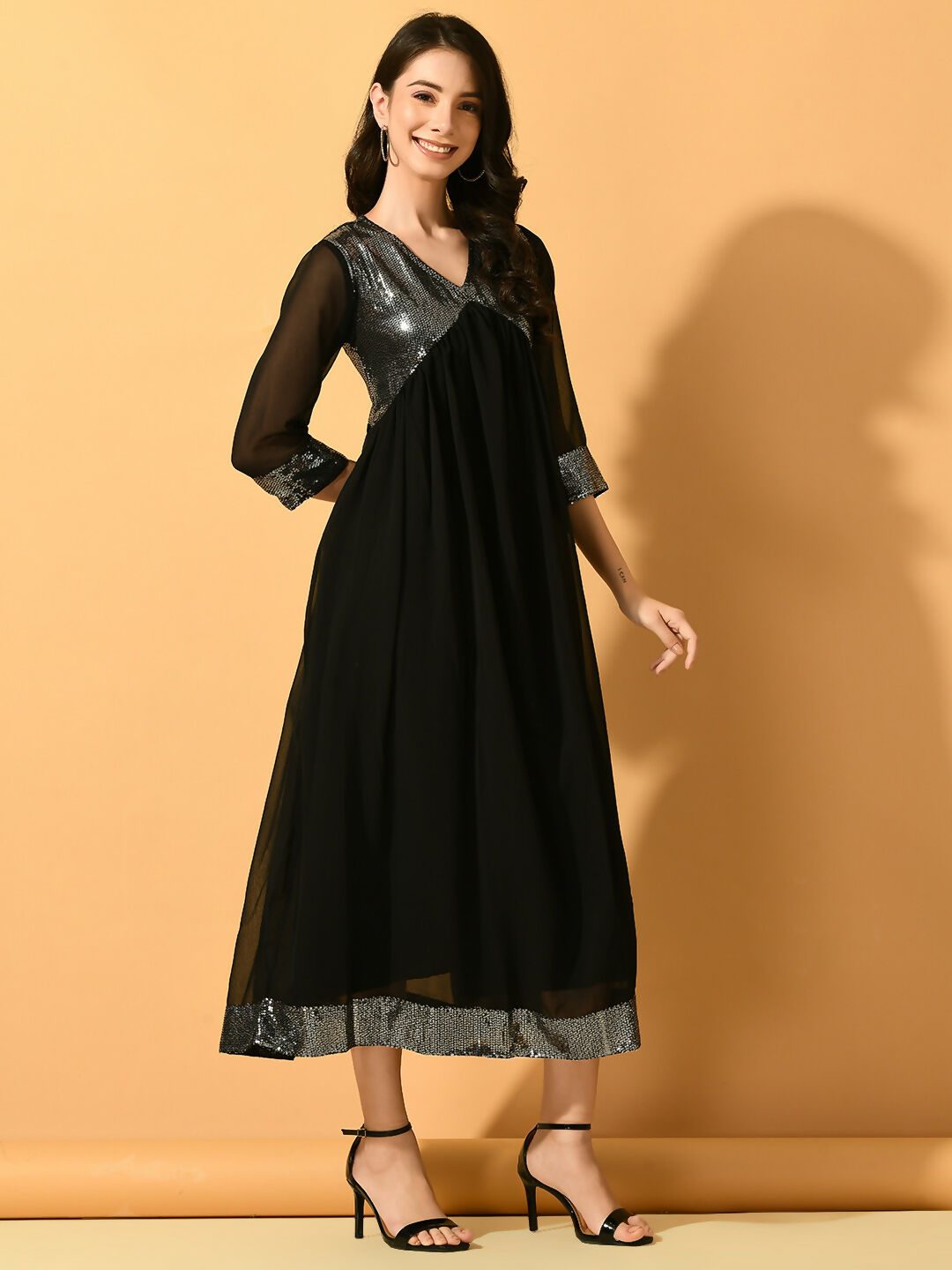Myshka Women's Black Fit and Flare Party Dress | Grocsy