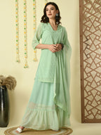 Myshka Women's Green Georgette Kurti & Skirt With Dupatta Party Sets | Grocsy