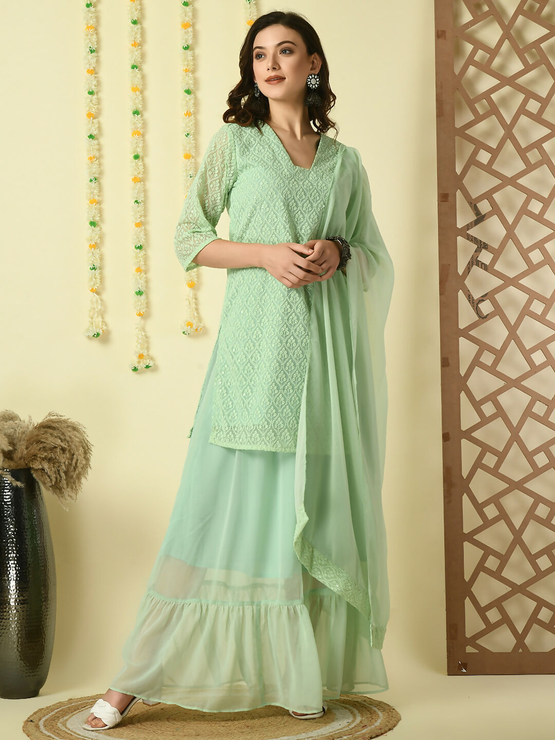 Myshka Women's Green Georgette Kurti & Skirt With Dupatta Party Sets | Grocsy