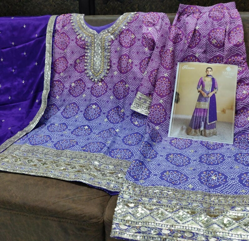Vastranavya Bandhej Printed Chinon Chiffon Embroidered Sequins Pakistani Suit | Grocsy