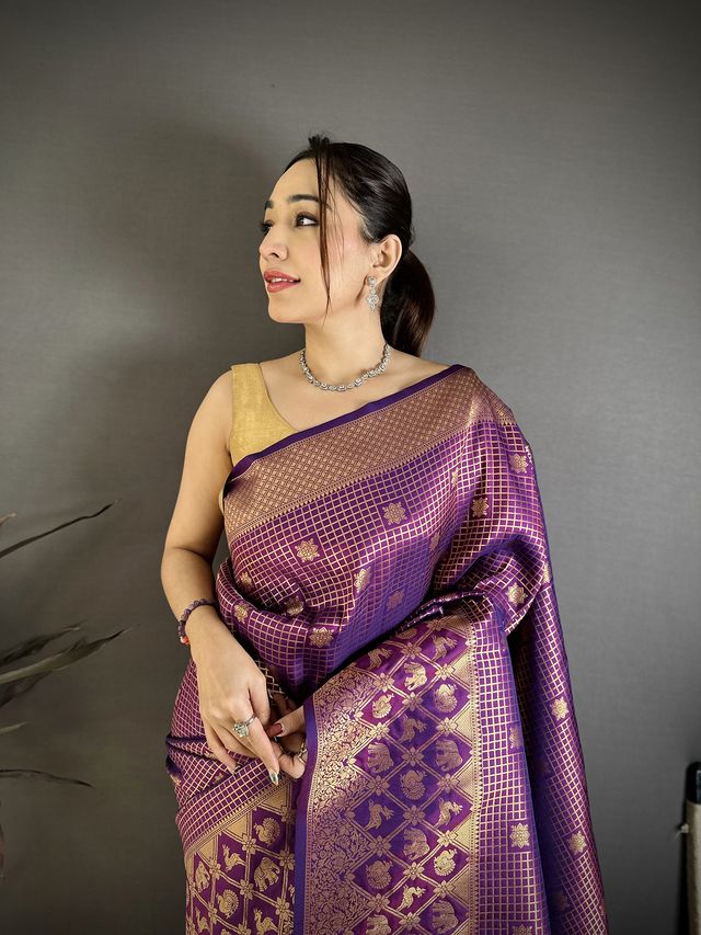 Elora Purple Banarasi Soft Silk Checked Body With Floral Motifs South Pattu Saree | Grocsy