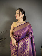 Elora Purple Banarasi Soft Silk Checked Body With Floral Motifs South Pattu Saree | Grocsy