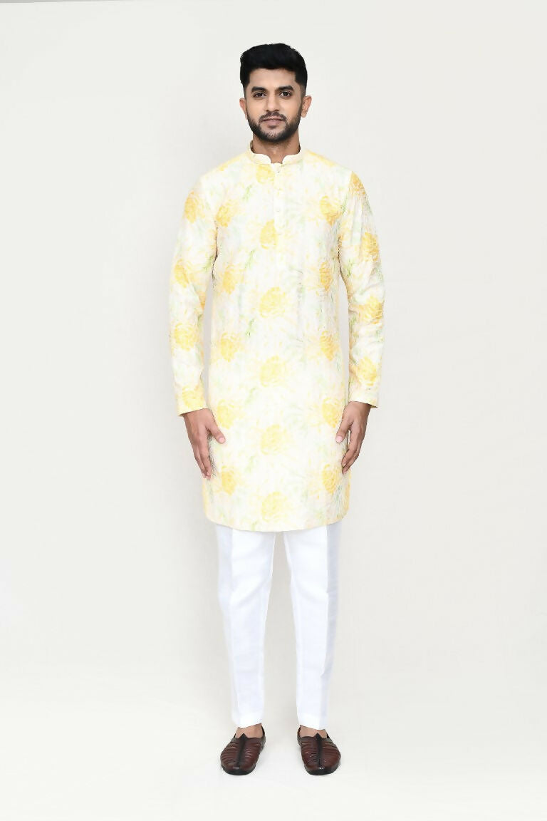 Joban Fashion Yellow Colored Rayon Based With Digital Print Fabric Kurta With Straight Fit Pant | Grocsy
