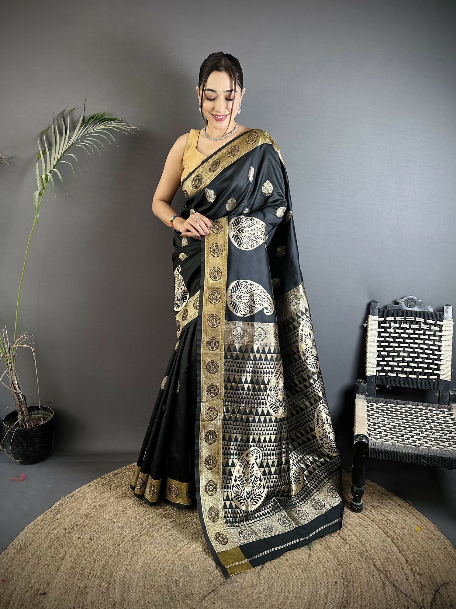 Joban Fashion Black Paisley Soft Silk Banarasi Saree | Grocsy
