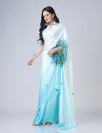 Vastranavya Sky Blue & White Ready to Wear Peacock Print Free Hand Saree | Grocsy