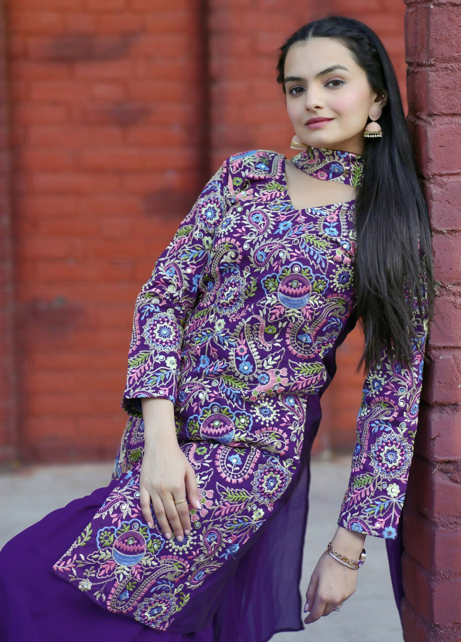 Teeya Creation Purple Color Tapeta Silk Embroidery Work Party Wear Palazzo Set | Grocsy