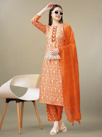 Jyoti Fashion Women's Orange Rayon Embroidery & Sequence work Kurta with Trouser & Dupatta | Grocsy