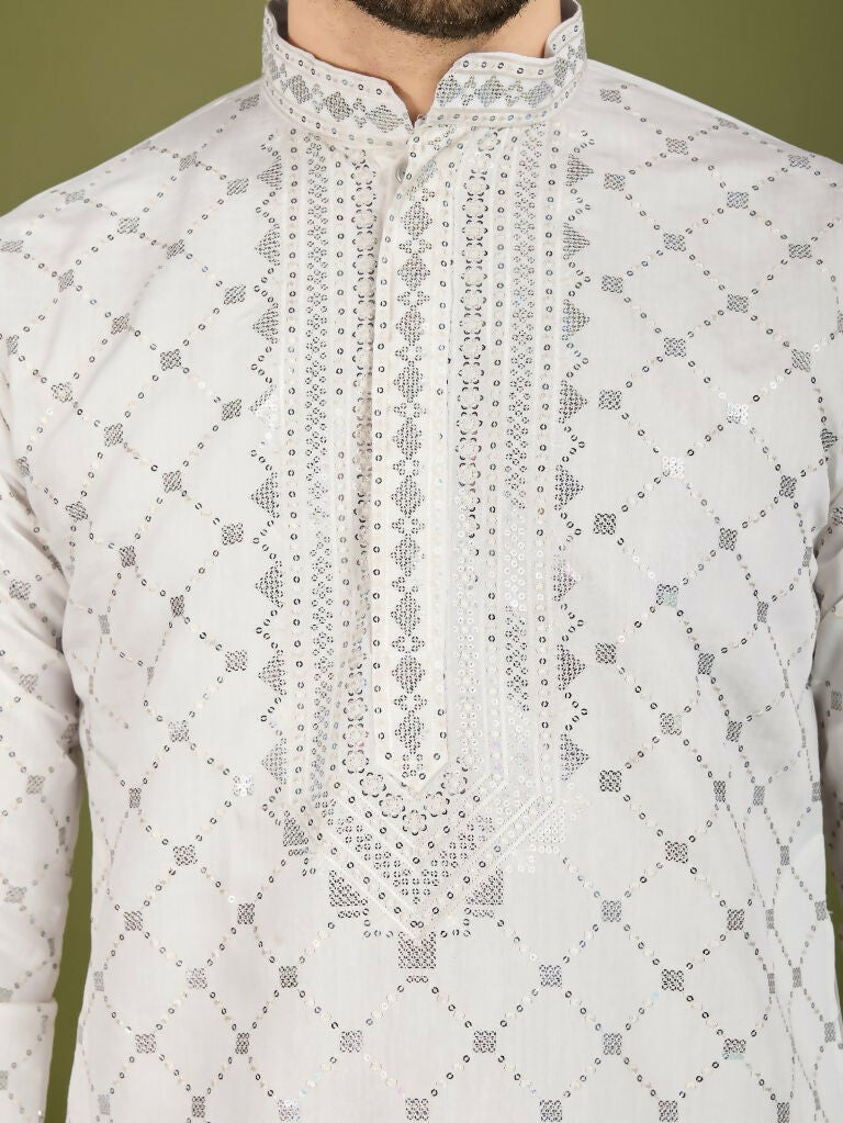 Vastranavya White Exclusive Festival Wear Viscose Silk Thread with Sequence Embroidered Work Kurta with Dupatta | Grocsy
