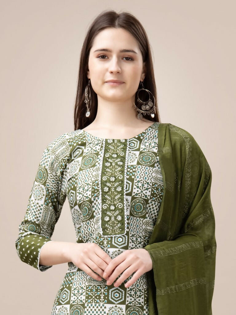 Jyoti Fashion Women's Mehendi Rayon Print with Embroidery & Fancy Lace Work Kurta with Trouser & Dupatta | Grocsy