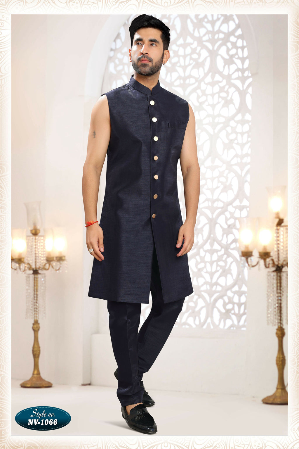 Joban Fashion Men's Blue Straight Silk Thread And Sequence Embroidery All Over 3 Pc Kurta Set | Grocsy