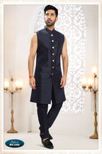 Joban Fashion Men's Blue Straight Silk Thread And Sequence Embroidery All Over 3 Pc Kurta Set | Grocsy