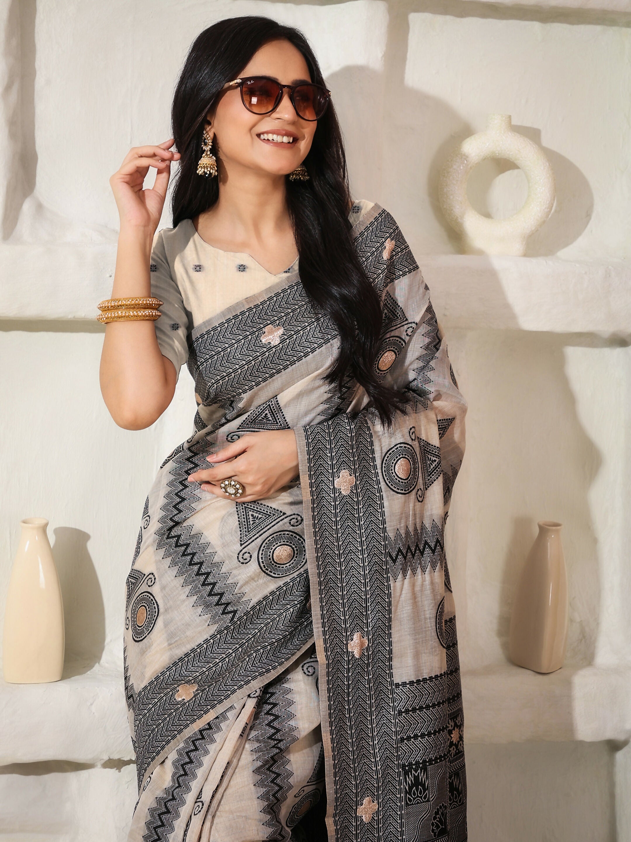 Shree Shyam Fashion Linen Cotton Black & Cream Saree | Grocsy