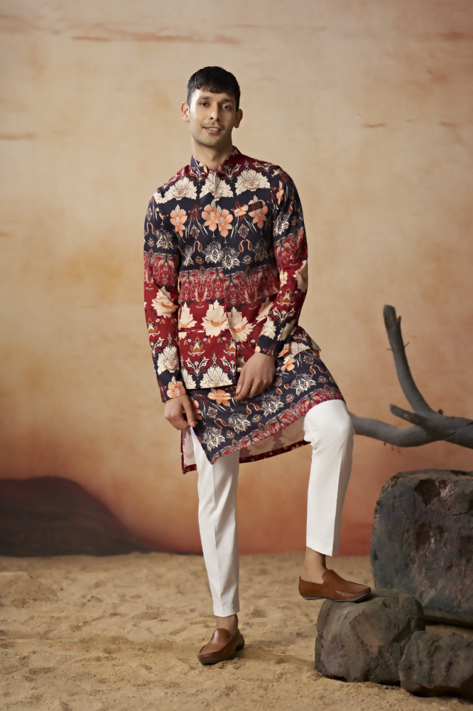 Blossom Print Cotton Nehru Jacket Set by Hilo Design | Grocsy
