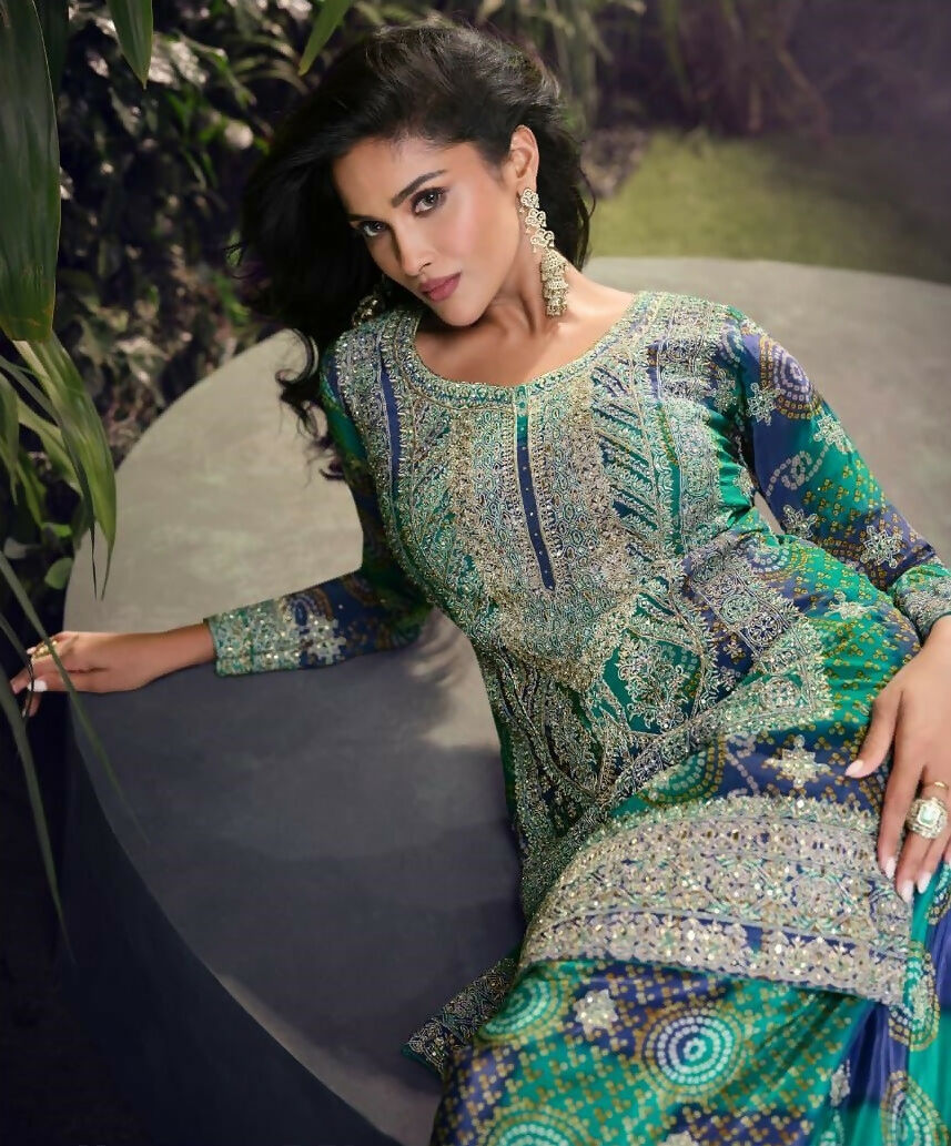Anaita Blue Chinon Stitched Suit with Embroidery & Sequence Work | Grocsy